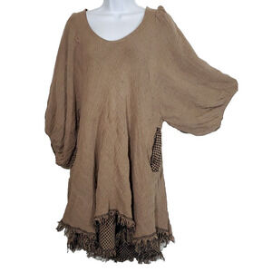 Design Today's 2X Bohemian Artsy Hippie Gauzy Fringe Pockets Heavy Tan Tunic